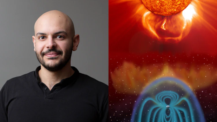 “Porträtt av Ahmad Lalti och illustration av plasma som träffar jordens magnetfält”