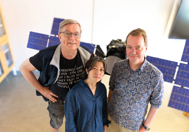 IRF scientist, Assoc. prof., Jan-Erik Wahlund (left side in the picture) is Principal Investigator for the RPWI instrument package. Here together with IRF scientists Michiko Morooka and Jan Bergman, technically responsible for RPWI, both in the RPWI team in Uppsala. Photo: Annelie Klint Nilsson/IRF