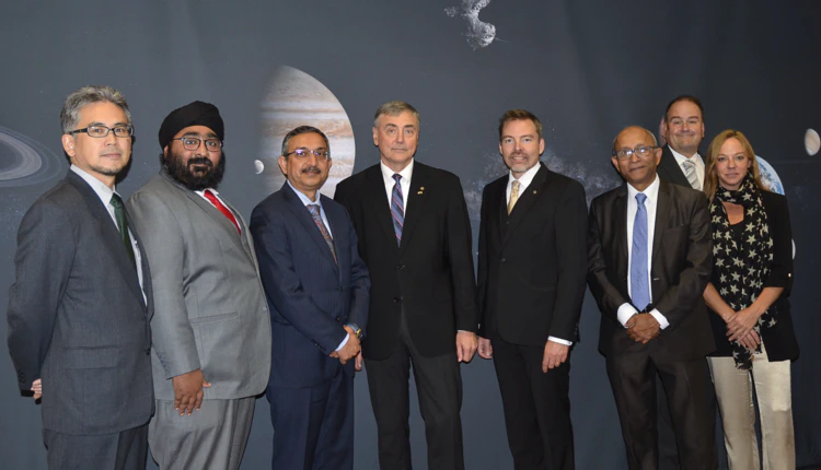 From left: Associate Prof. Yoshifumi Futaana (IRF), Mr. Ravit Sachasiri, Business Development Director Market Region APAC (SSC), Mr. Tanmaya Lal, Ambassador of India to Sweden and Latvia, Prof. Stas Barabash (IRF), Dr. Johan Kero (IRF), Mr. Sarbajit Deb, Executive VP, Europe (Larsen & Toubro), Ms. Cecilia Oldne, Senior Vice President, Sweden-India Business Council (SIBC) and Dr. Urban Brändström (IRF).