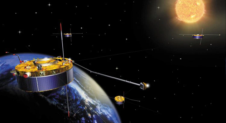 Konstnärlig tolkning av Cluster-satelliterna i omloppsbana runt Jorden, med solen i fjärran