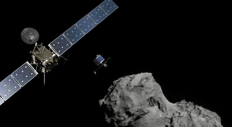 Illustration av Rosetta och dess landare Philae ovanför Kometen Illustration av Rosetta och dess landare Philae ovanför Kometen