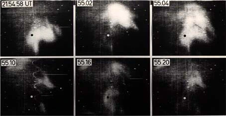 Six images of pulsating aurora taken minutes apart