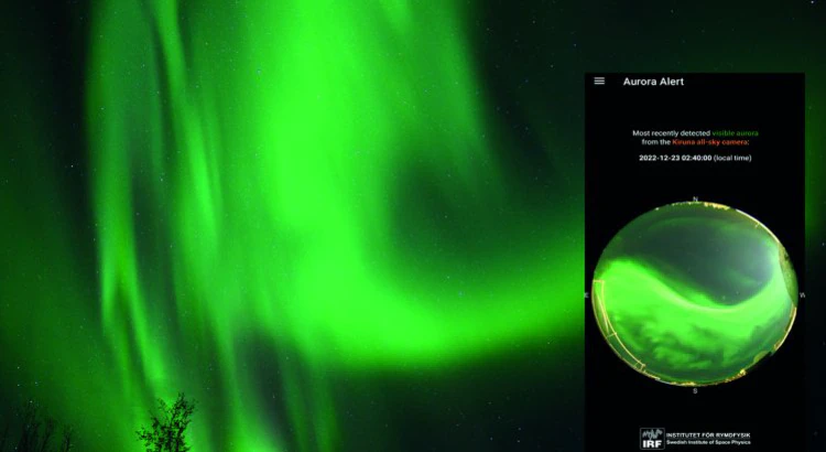 Large green aurora and a overlayed screenshot from the mobile app IRF Aurora Alert