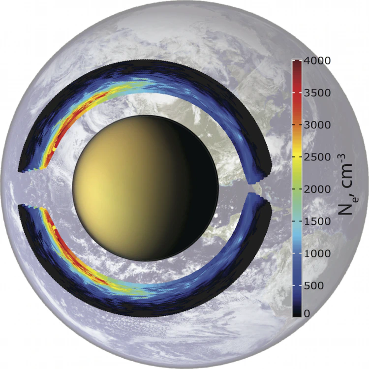 Titan’s ionosphere extends to almost 1 Titan radius from the surface of the moon. Vertically mirrored fit to measured electron densities. Earth in the background is to scale. Image: Oleg Shebanits